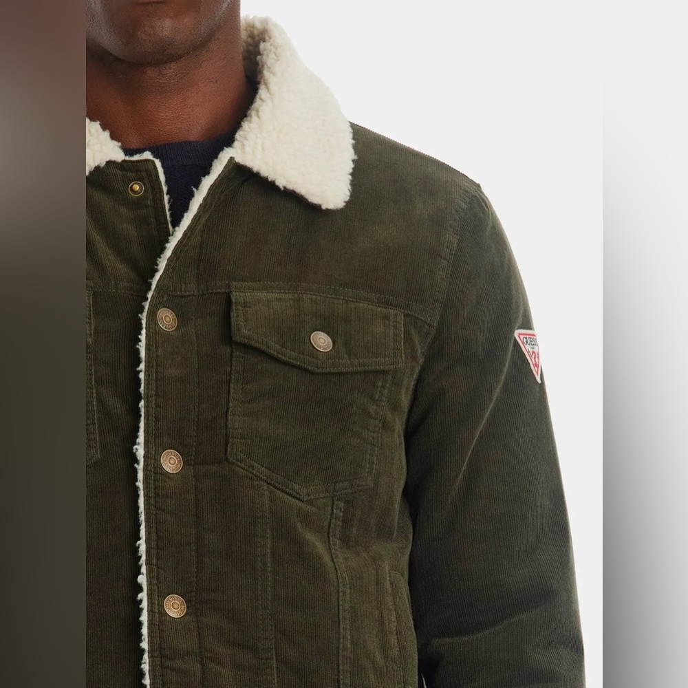 NWOT Guess Dark Green Bomber Jacket with White Sherpa Collar